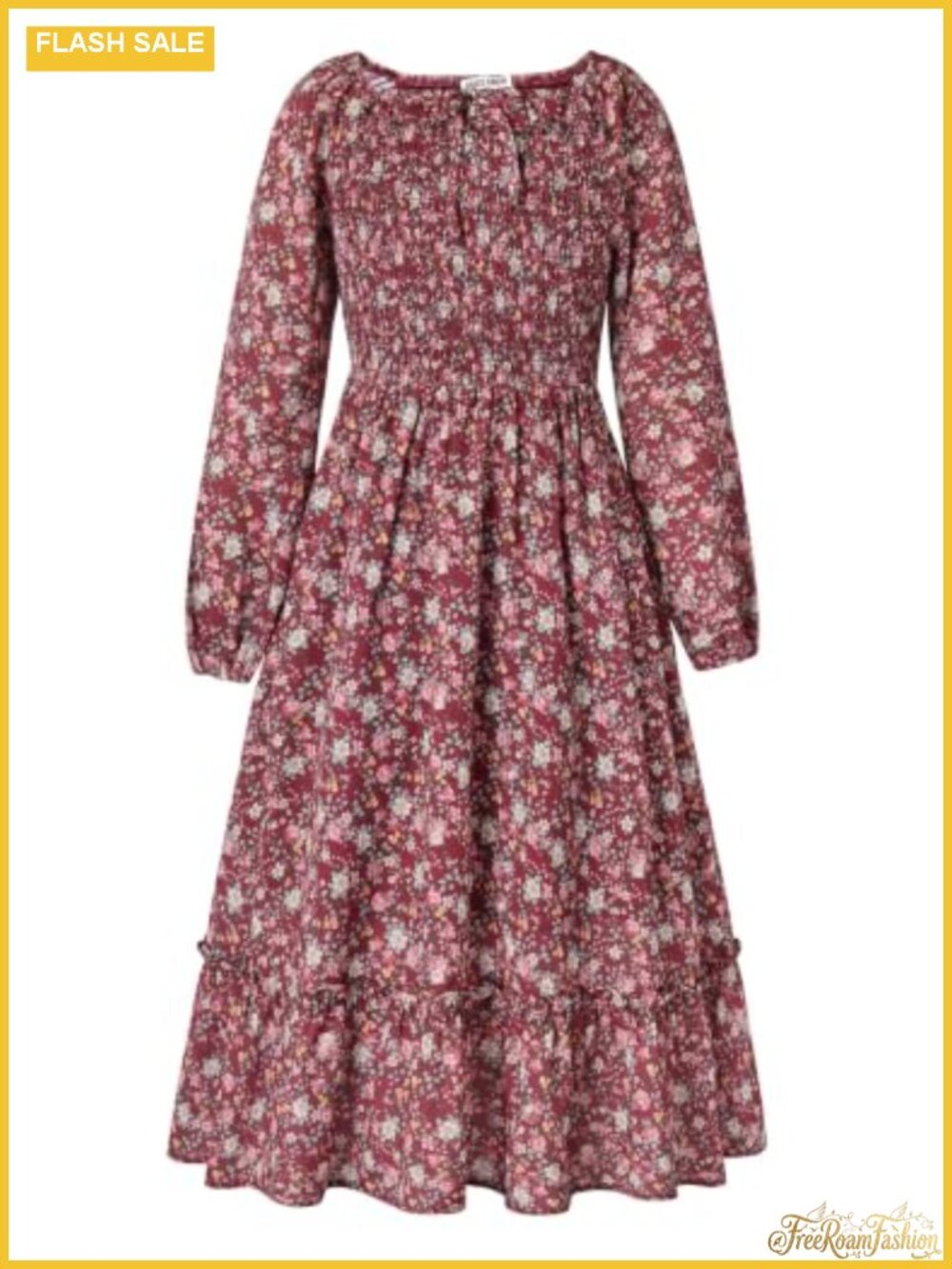 Girls Fall Floral Maxi Dress Long Sleeve Smocked Bodice Square Neck